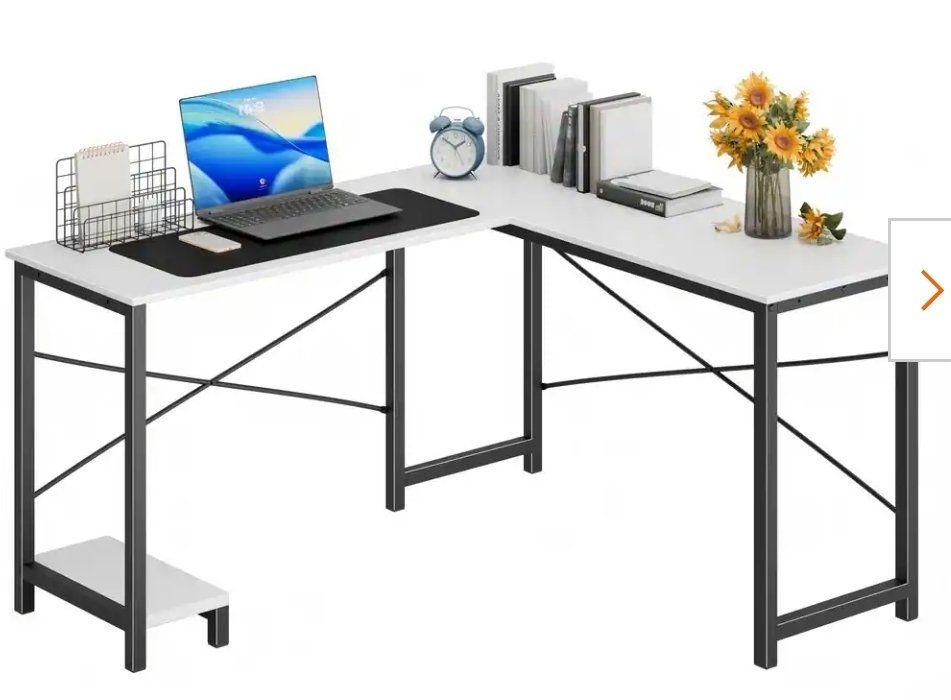 Modern L-Shaped Corner Office Desk - White & Black Metal Frame