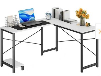 Modern L-Shaped Corner Office Desk - White & Black Metal Frame