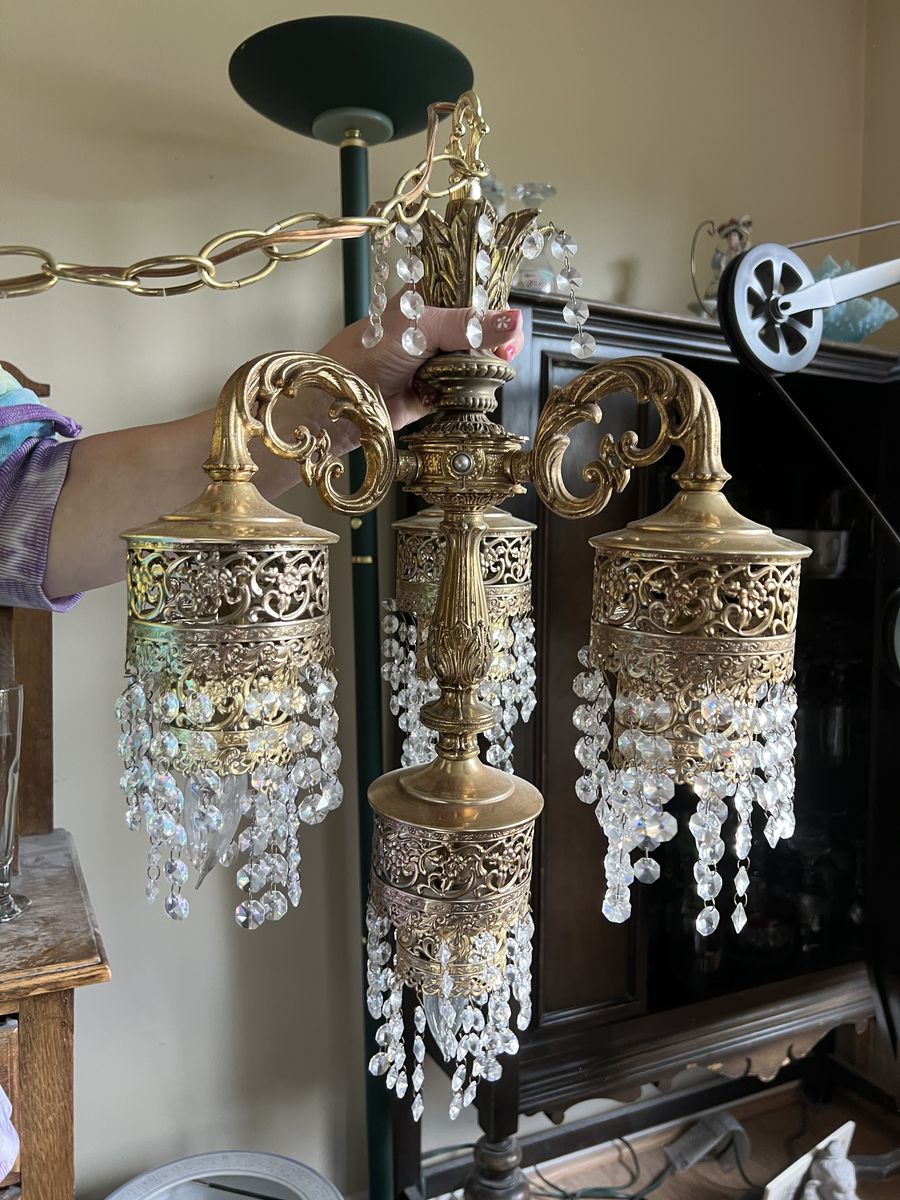 Vintage Brass Swag Lamp / Hanging Chandelier – Plug-In w/ Chain