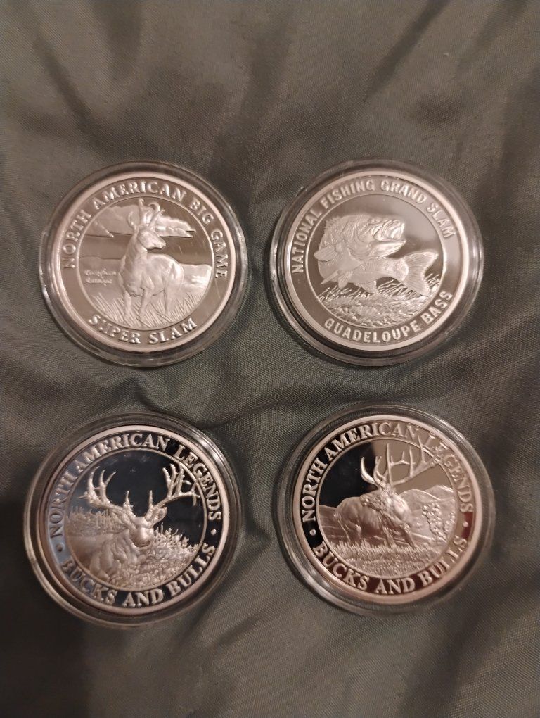 Lot of 4 Collectible Silver .999 Fine Silver 1 Troy Ounce North American Hunting Club Coins!
