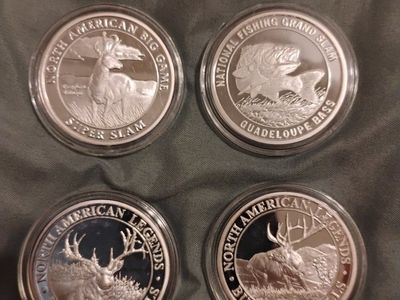 Lot of 4 Collectible Silver .999 Fine Silver 1 Troy Ounce North American Hunting Club Coins!