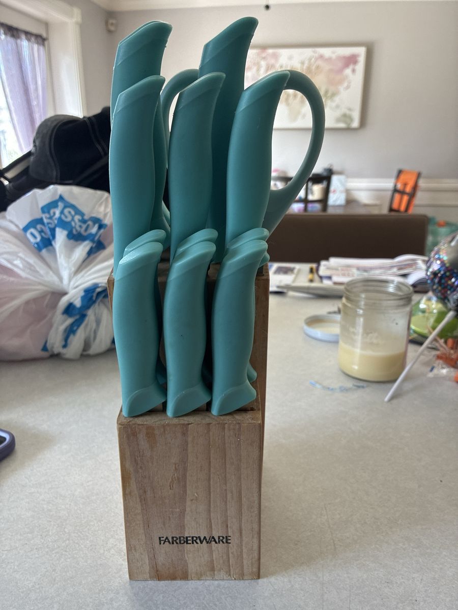Farberware Teal Knife Block Set with Wooden Block and Kitchenaid Scissors