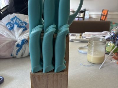 Farberware Teal Knife Block Set with Wooden Block and Kitchenaid Scissors
