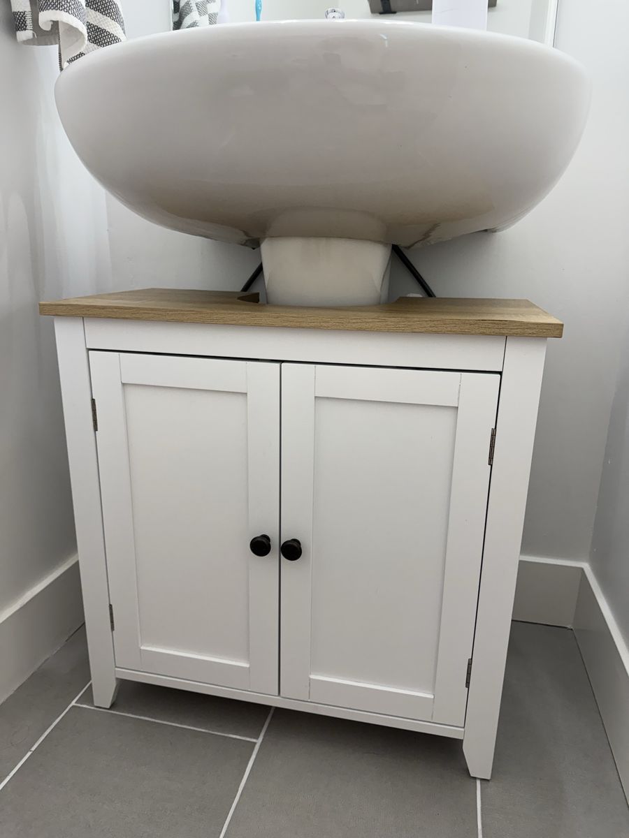 White Under-Sink Bathroom Cabinet Storage Vanity with Wood-Look Top