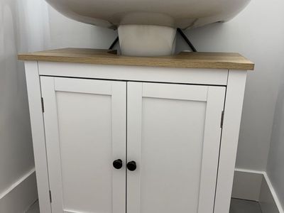 White Under-Sink Bathroom Cabinet Storage Vanity with Wood-Look Top