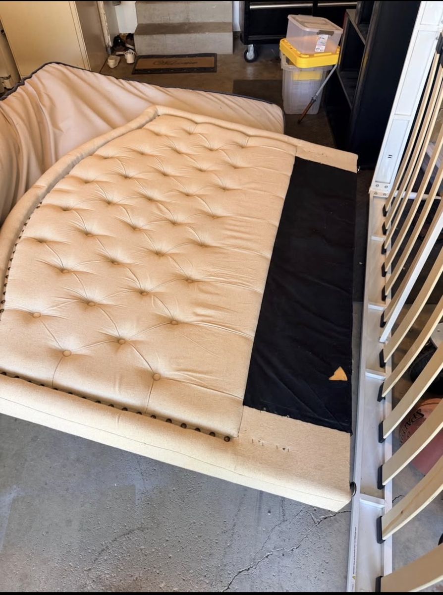 Tufted Upholstered Queen Size Bed Frame with Nailhead Trim, Beige
