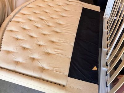Tufted Upholstered Queen Size Bed Frame with Nailhead Trim, Beige