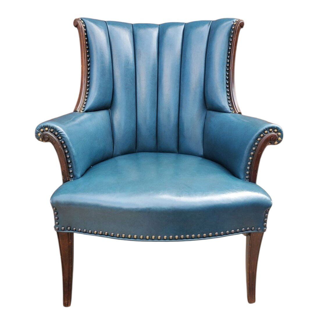 Vintage Turquoise Faux Leather Wingback Chair