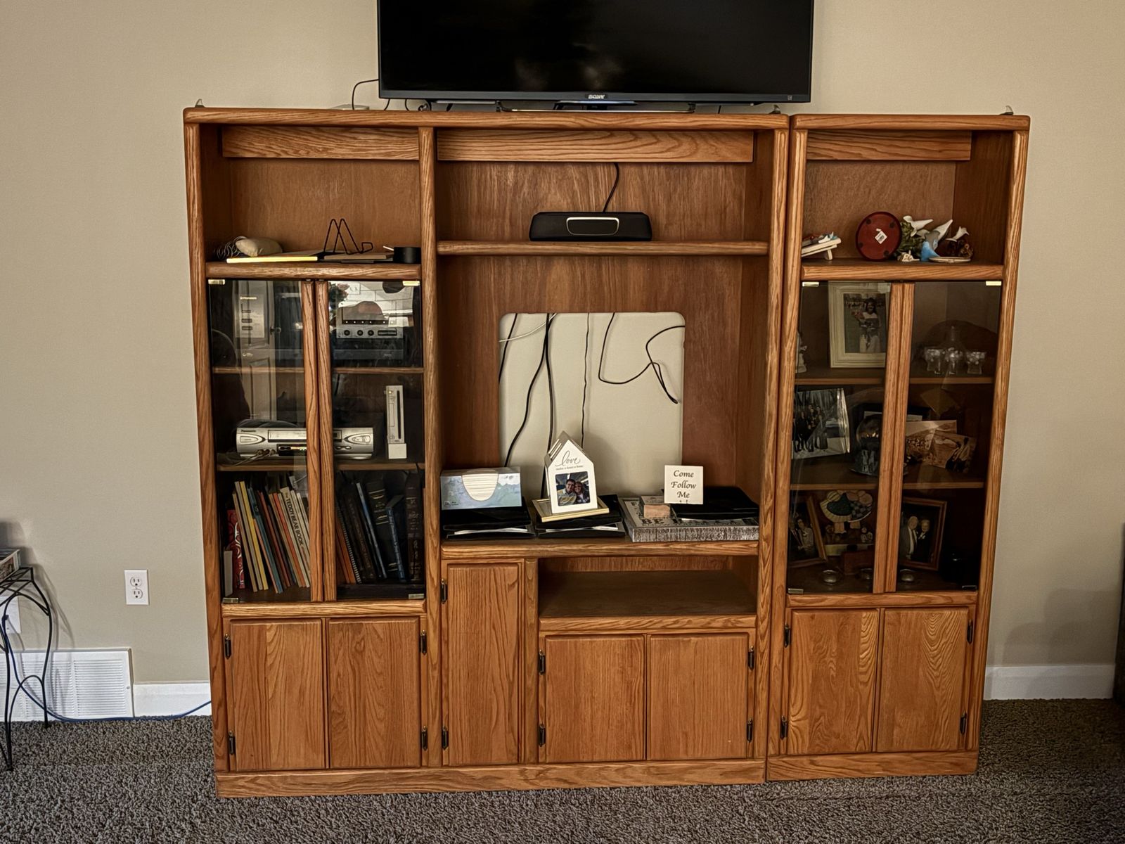 Oak Wood Entertainment Center/Wall Unit - Ample Storage & Display Space