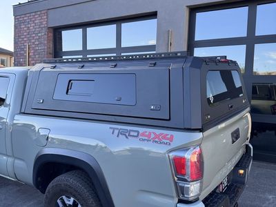 Black Modular Truck Shell Camper Topper with Gullwing Doors 2015-2023 Toyota Tacoma 6ft Bed