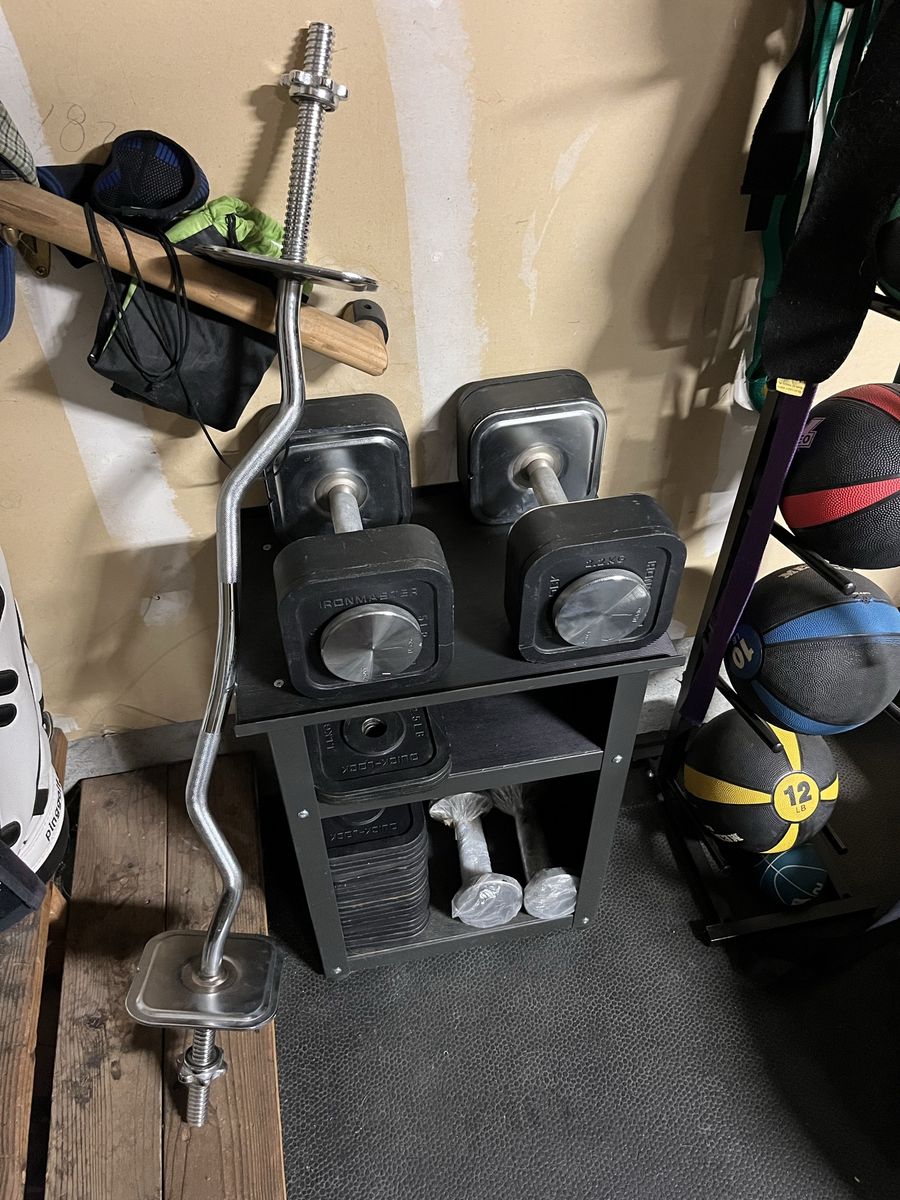 120LB IRONMASTER Adjustable Dumbbells, Stand & Curl Bar (Mint Condition!)