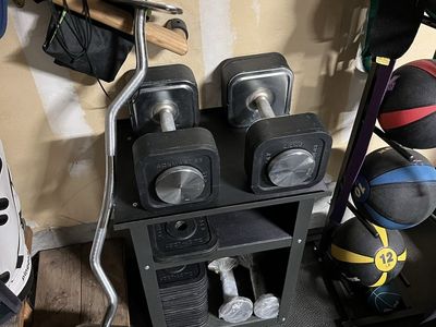 120LB IRONMASTER Adjustable Dumbbells, Stand & Curl Bar (Mint Condition!)