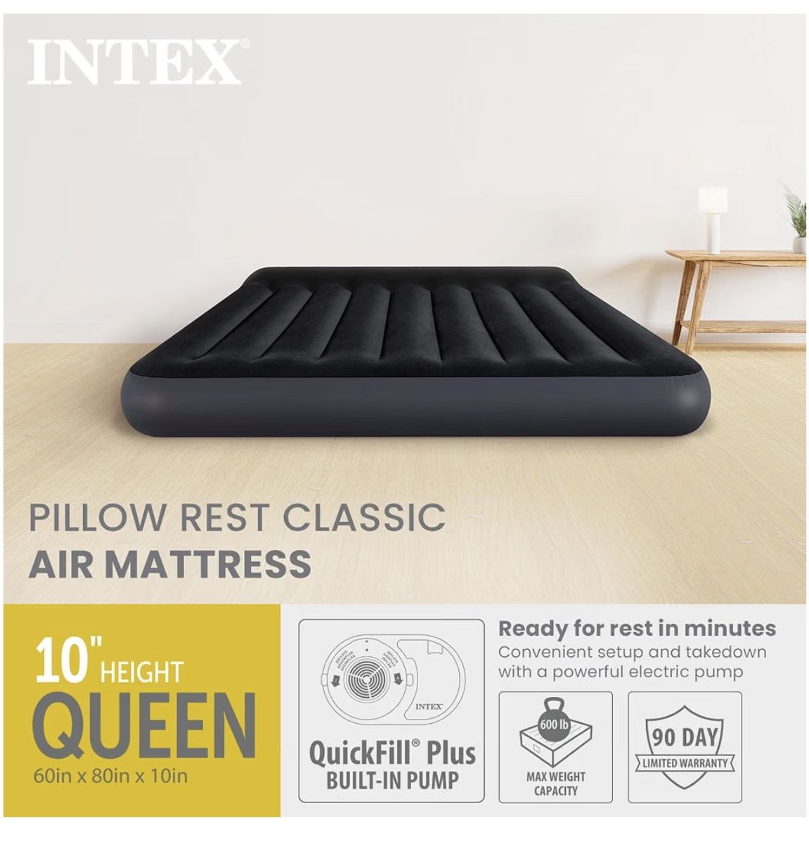 Intex Pillow Rest Classic Air Mattress Queen 10" Height with Built-in Pump