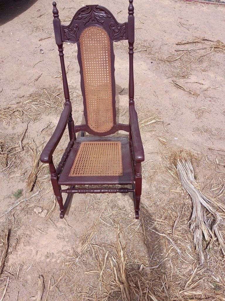 Vintage Tall-Back Cane Rocking Chair - Ornate Wood