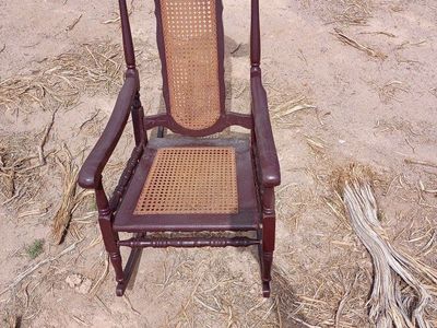 Vintage Tall-Back Cane Rocking Chair - Ornate Wood