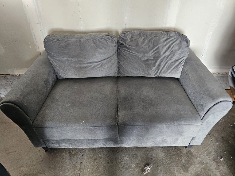Grey Fabric Loveseat Sofa - Compact 2-Seater Couch, Good Condition, Minor Wear