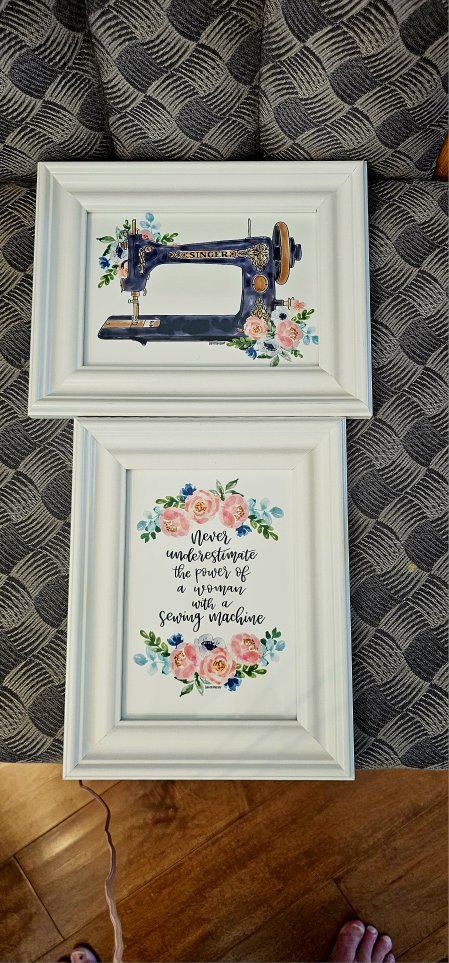 Two Sewing Related Watercolor Prints.  One Old Sewing Machine & One Cute Writen Saying