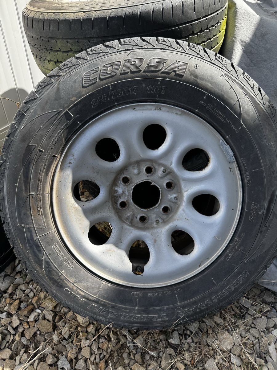 Corsa Highway Terrain 245/70R17 110T Tires (Set of 4) with Steel Rims, Good Tread on 1 tire, the other 3 are low tread