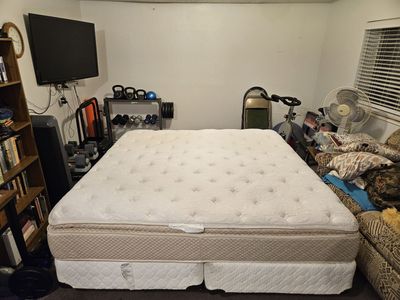 King size pillowtop mattress, box springs, and frame