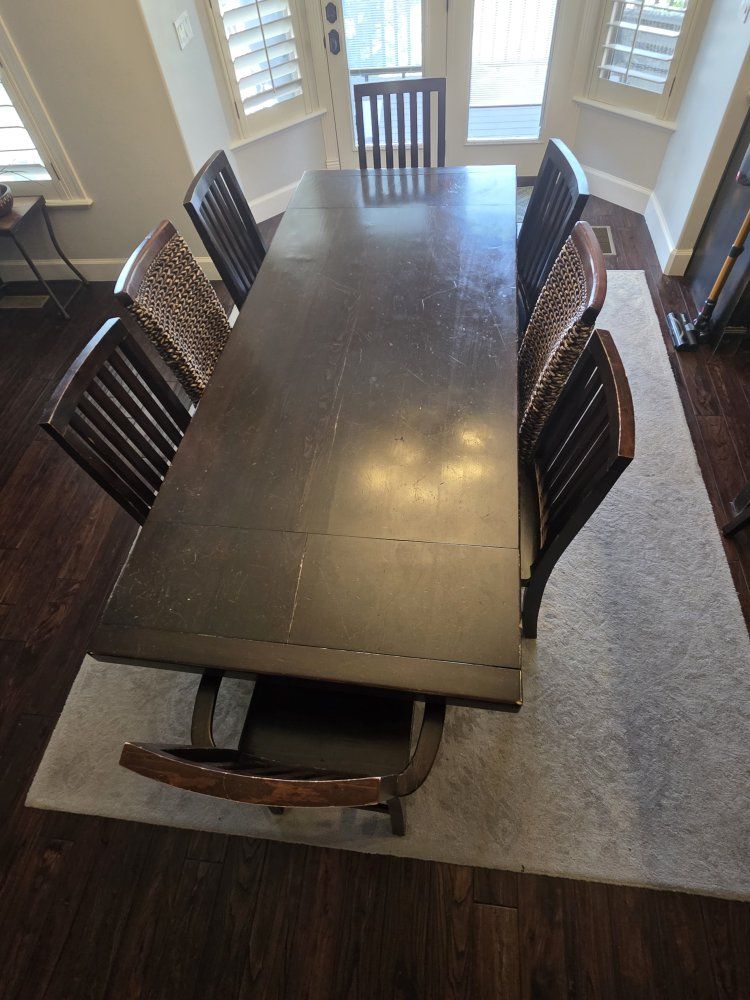 Dark Wood Dining Table Set with Trestle Base and Matching Chairs