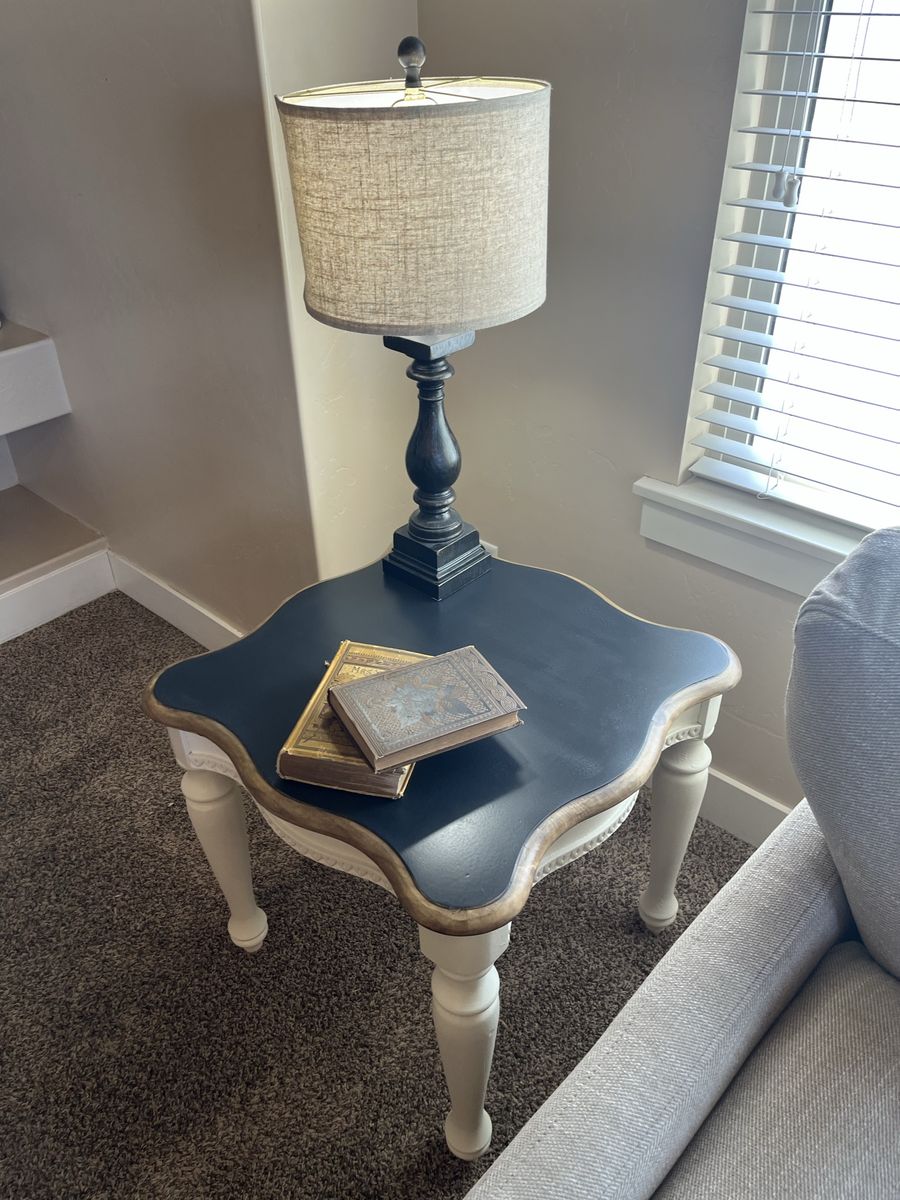 Cream End Table with Wood Edge Detail