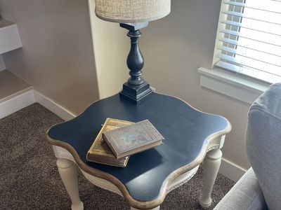 Cream End Table with Wood Edge Detail