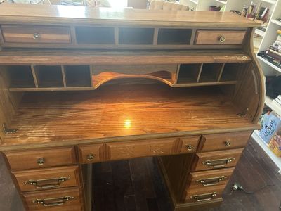 Solid Oak Wood Roll Top Executive Desk