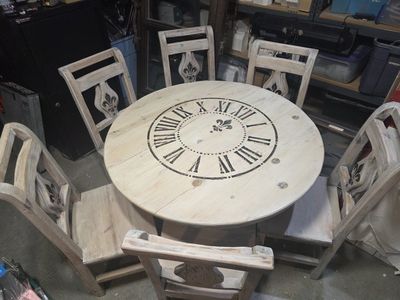 Rustic clock face dining table and 6 chairs