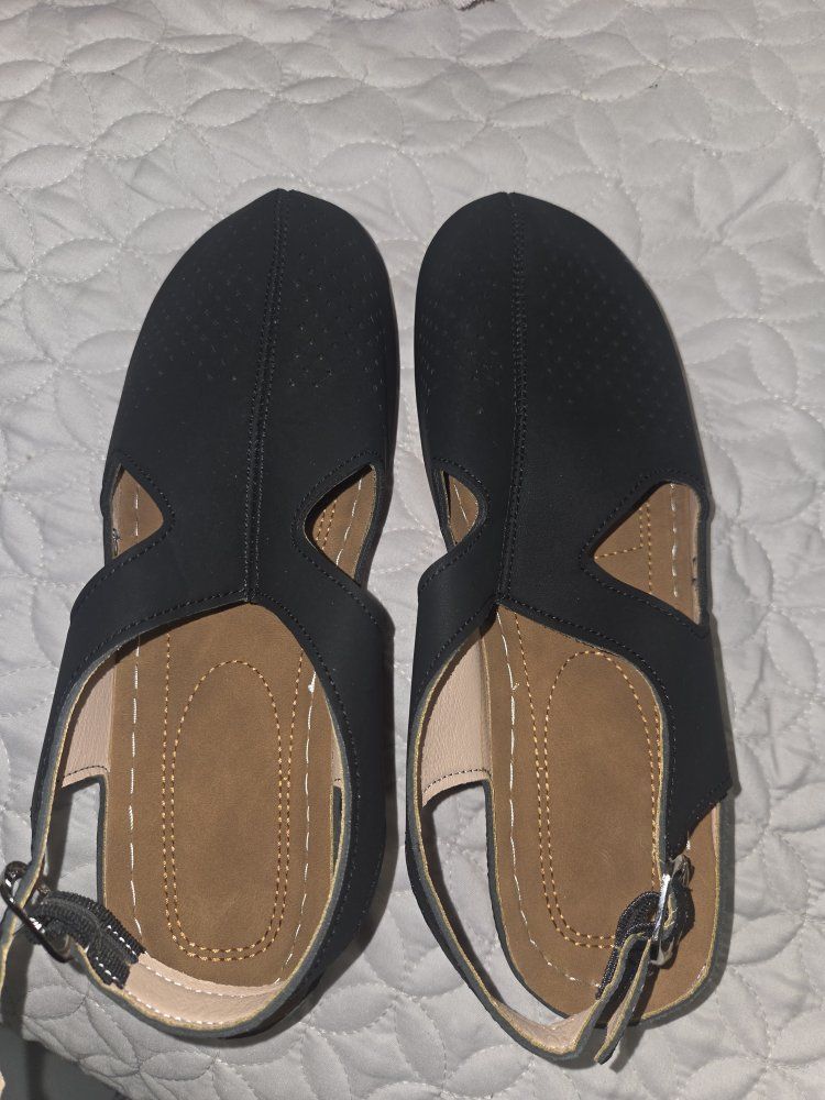 Black Perforated Slingback Wedge Sandals Size 8