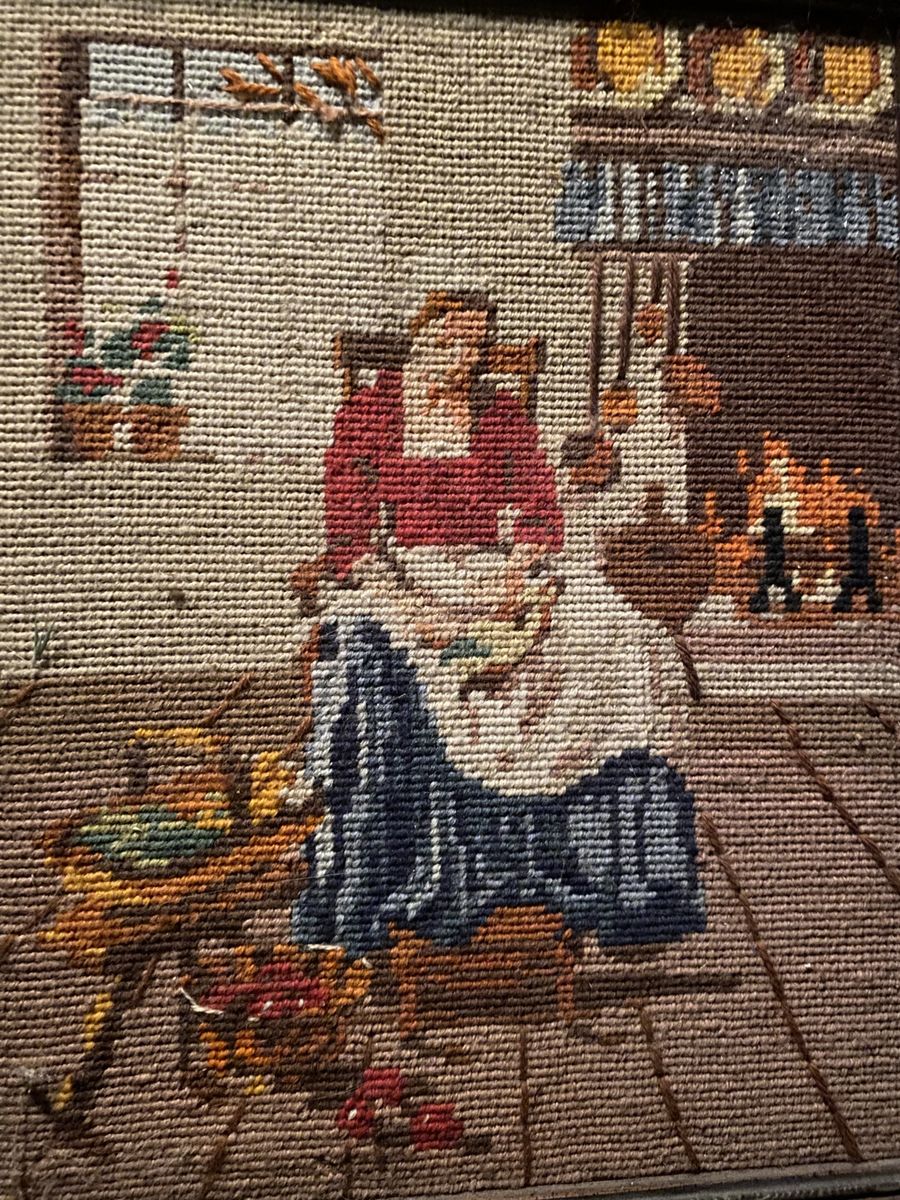 Vintage Framed Needlepoint Wall Art - Colonial Woman Spinning Yarn