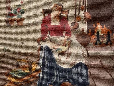 Vintage Framed Needlepoint Wall Art - Colonial Woman Spinning Yarn