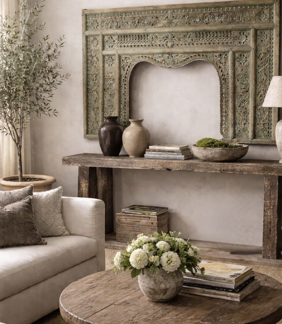 7 Foot Architectural Hand-Carved Indian Arch Panel With Green Patina Wood Art Handmade Salvage