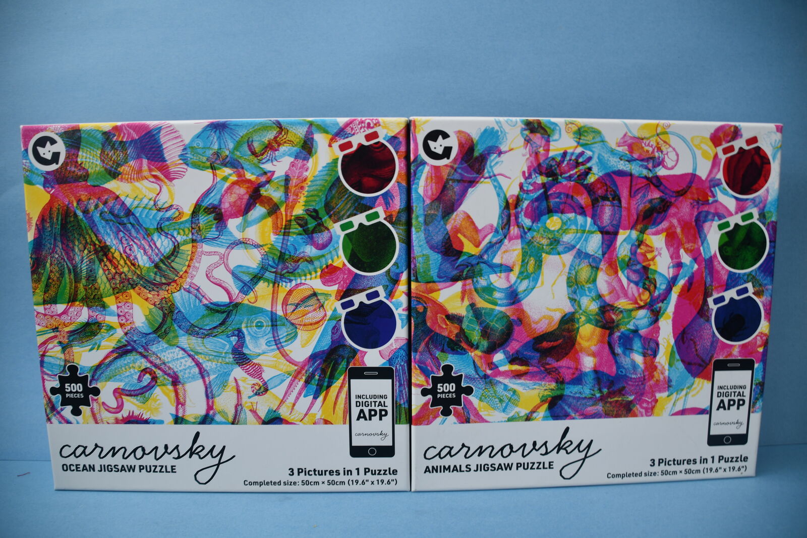 2 OCEAN & ANIMALS 500 Piece Jigsaw Puzzles ~ 3 PICTURES in 1 ~ GLASSES INCLUDED ~ 1 SEALED, 1 COMPLETE