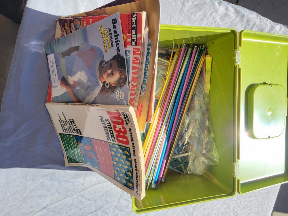Vintage Knitting & Crochet Pattern Books w/ Needles & Notions in Carrying Case