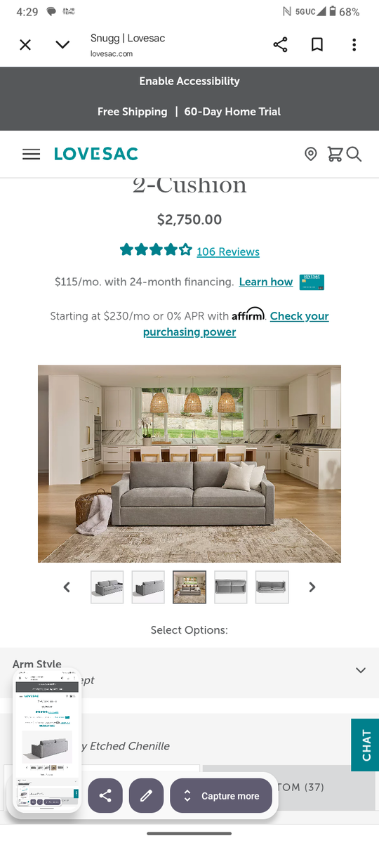 Lovesac SNUGG 2 cushion sofa.. charcoal grey, next to new.