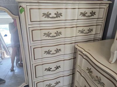 Vintage French Provincial Style Dresser and 1 Nightstand Set - Off-White with Gold Trim