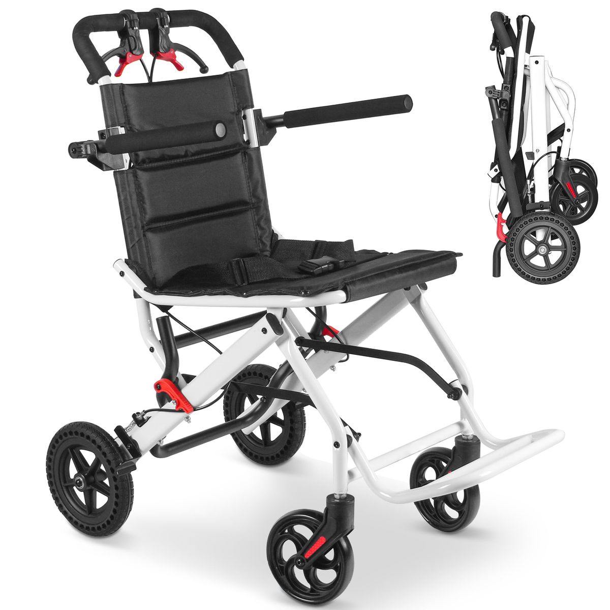 Ultra-Lightweight Foldable Portable Travel Transport Wheelchair w/ Handbrake - White
