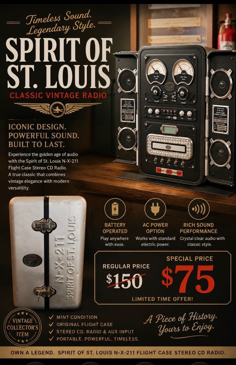 50% off.....SUMMER Sale.....Vintage Spirit of St Louis Flight Case CD/AMFM Radio
