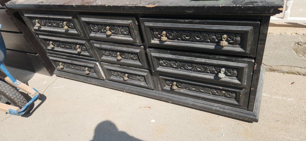 Vintage Black Carved Wood Dresser with Ornate Hardware