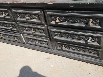 Vintage Black Carved Wood Dresser with Ornate Hardware
