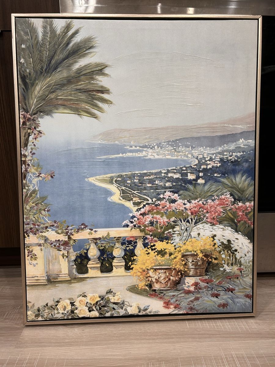 Framed Mediterranean Seascape City View Wall Art Oil Painting Print with Flowers