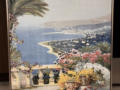 Framed Mediterranean Seascape City View Wall Art Oil Painting Print with Flowers
