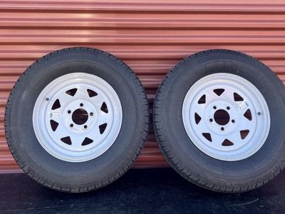 Set of 2 Winda ST 205/75 R 15 Trailer Tires Mounted on New White Spoke Wheels 5 in 4.5 Brand New