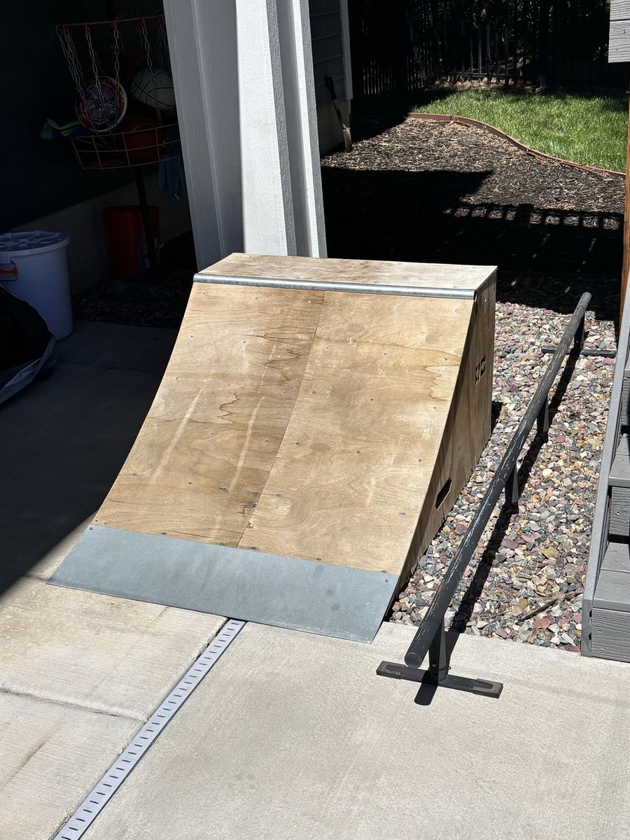 Used Skateboard Ramp and Grind Rail Set - Durable Wood & Metal, Great for Skateboarding & Scooters