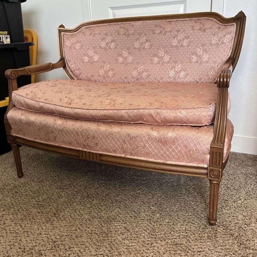 Vintage French Settee with Pink Floral Upholstery and Gold-toned Wood Trim