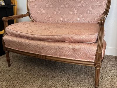 Vintage French Settee with Pink Floral Upholstery and Gold-toned Wood Trim
