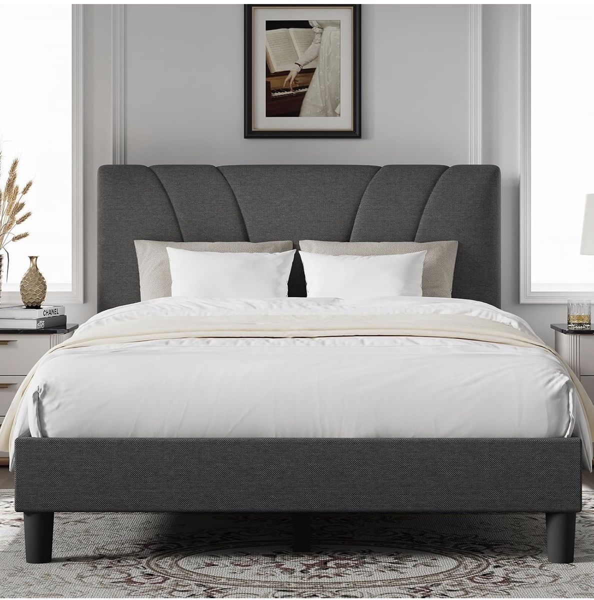 Brand New Gray Upholstered Queen Bed Frame 