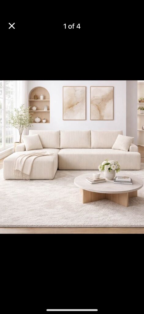 NEW 107Sectional Cream Velvet Sofa Couch Corduroy