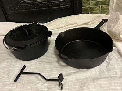 Cabela’s Cast Iron Set - 10" Camp Oven & 12" Deep Skillet + Lifter