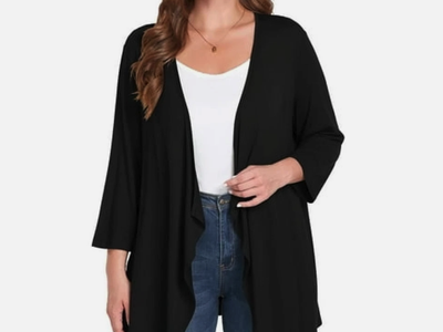 Daystry Women's Plus Size 3X Black Cardigan 3/4 Sleeve Open Front Drape Top